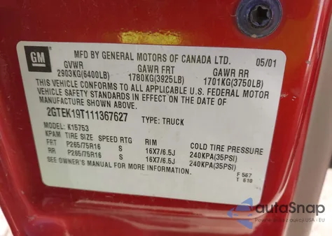 2001 GMC Sierra 1500 Sle from USA, damaged, VIN 2GTEK19T111367627